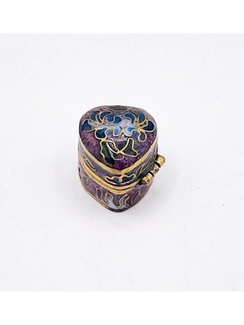 Miniature Cloisonne Enamel Heart Trinket Box Purple Blue Floral Hinged Pill Box